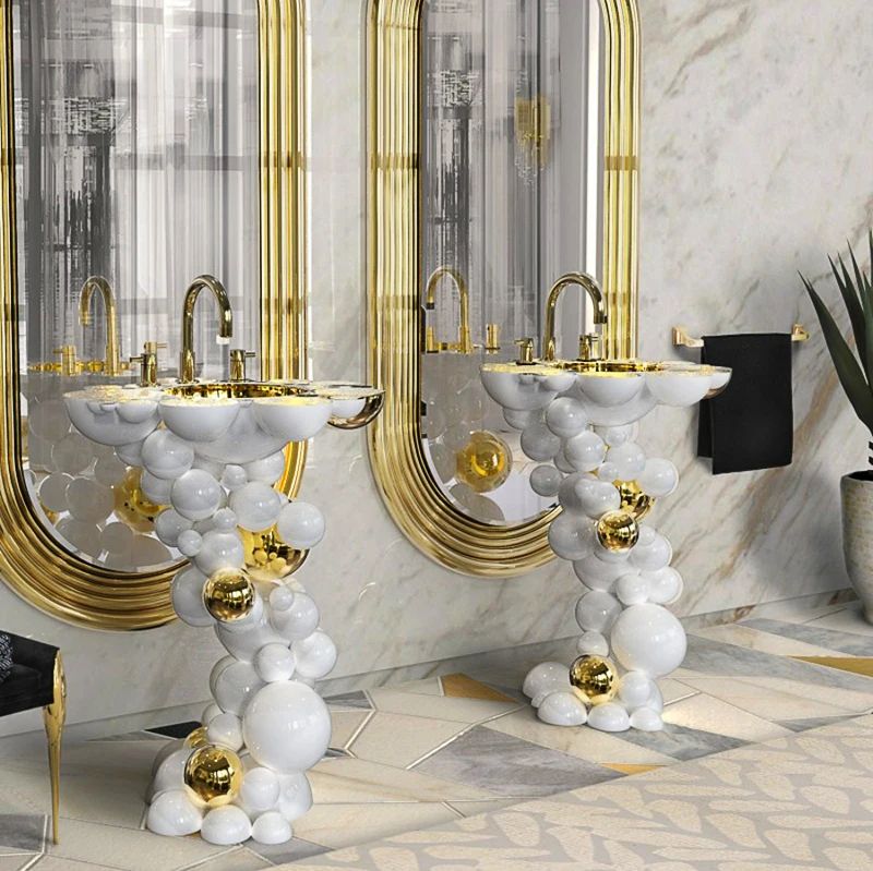 Stainless steel pedestal table top black designer art golden hand bathroom wash basin with pedestal