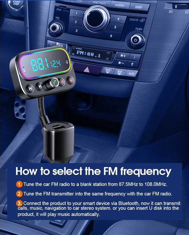 AGETUNR T67 BT V5.0 fm transmitter RGB light 20W PD 18W QC3.0 fast charge car mp3 player Handsfree U disk Music AUX Out Dual Mic