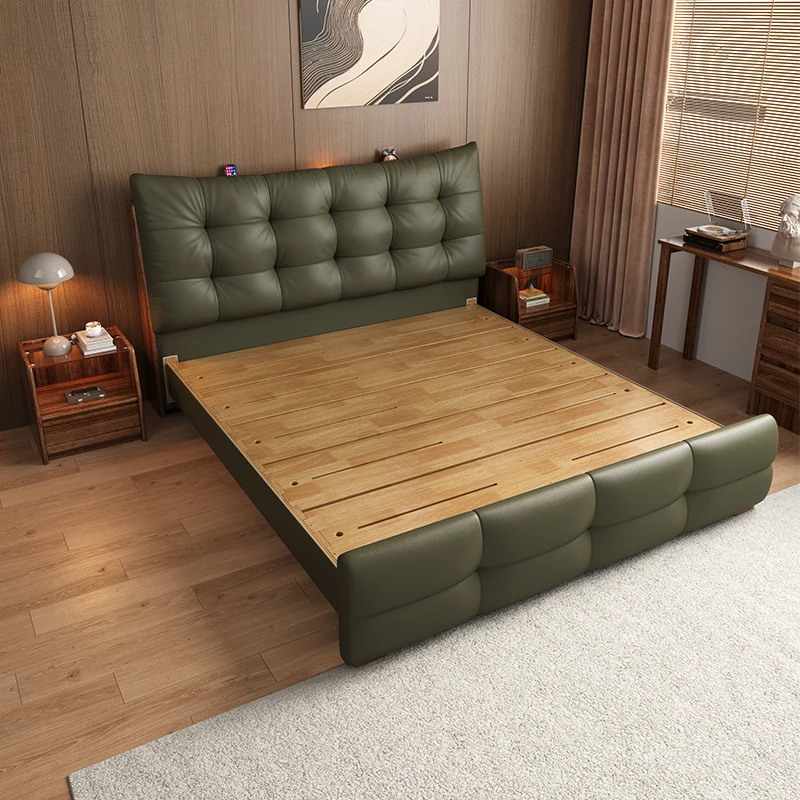 Modern Striped Ebony Double Bed With Solid Leather Headboard Soft Cowhide Tenon Structure Bunk Bed Style