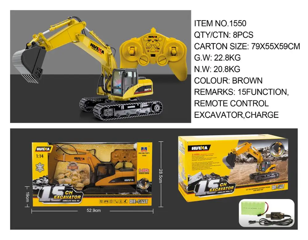 HUINA 1550 RC Crawler Car 15CH 2.4G 1:14 RC Metal Excavator Remote Control Alloy Rooter Charging Truck RTR Independent Arms