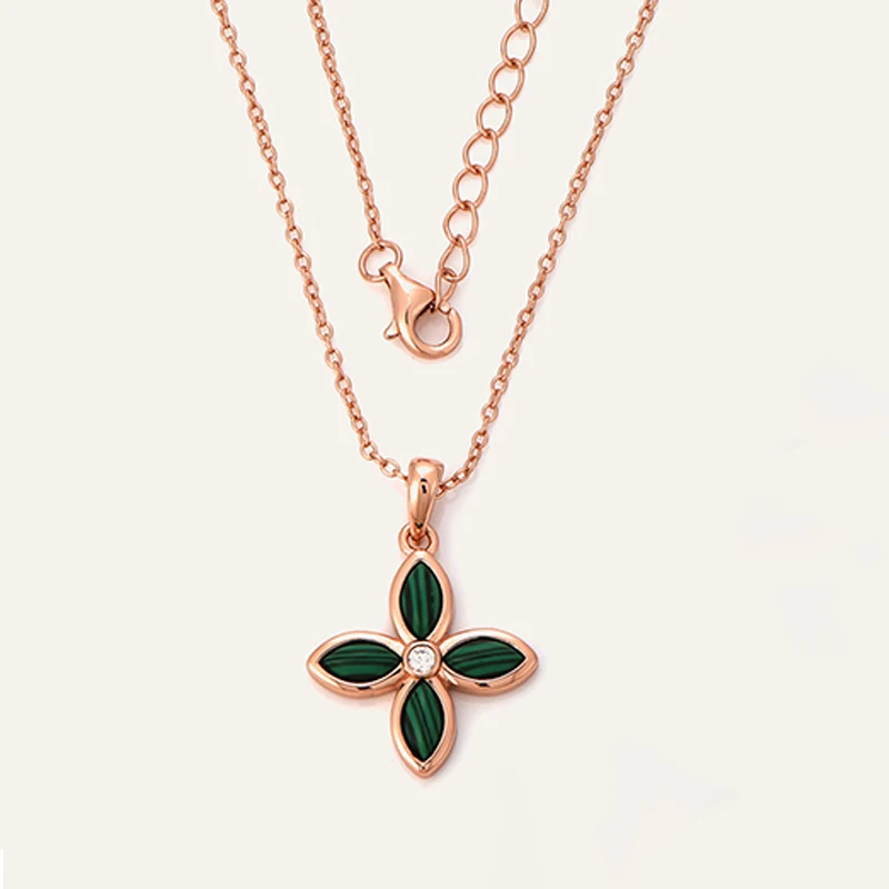 2024 New Arrival Fashion Four Leaf Clover Shaped 925 Sterling Silver Malachite Necklace Women Girls Dangle Fine Jewelry
