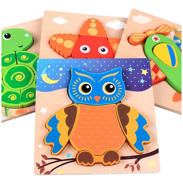 custom Kids Wooden 3D Puzzle Jigsaw Toys For Children Cartoon Animal Vehicle Wood toddler Puzzles