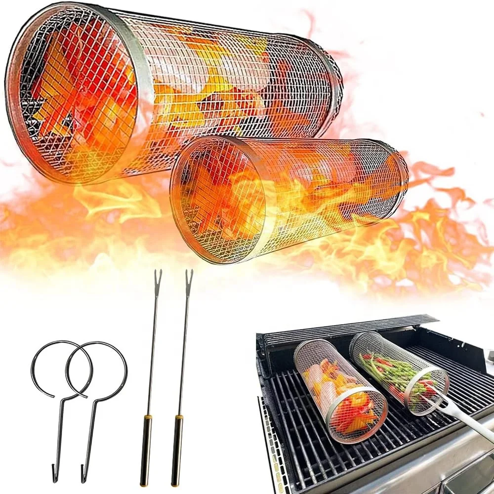 New Round Portable Net Tube Cylinder 304 Stainless Steel Bbq Rolling Grilling Baskets For Outdoor Grilling Bbq Net