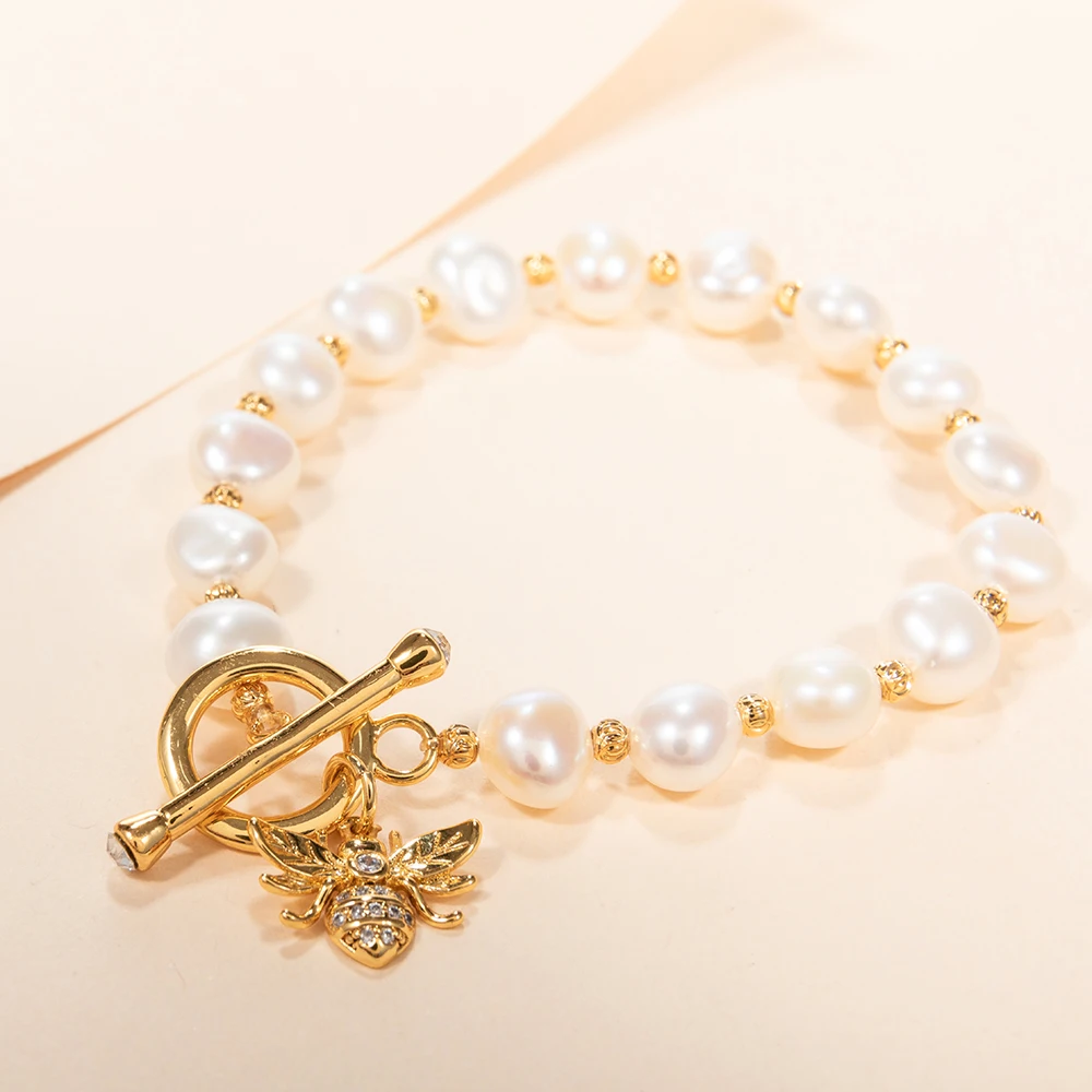 
18k gold plated chain design bijoux boutique bee pendant fresh water pearl bracelet for women 