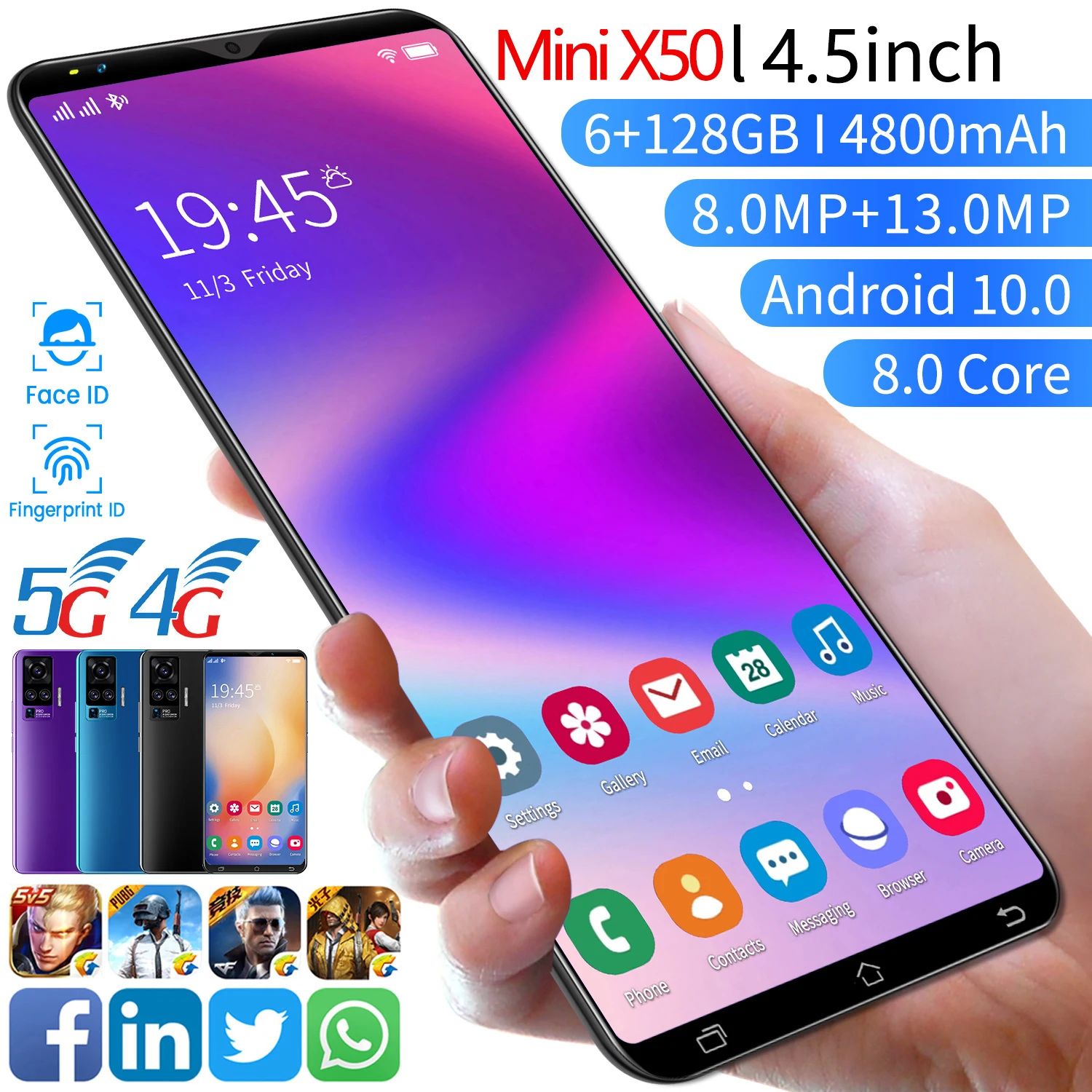 Лидер продаж мобильный телефон MINI X50 4 5 дюйма 6 ГБ + 128 Гб оригинальный полноэкранный Android 10 0 Восьмиядерный 4G 5G смартфон