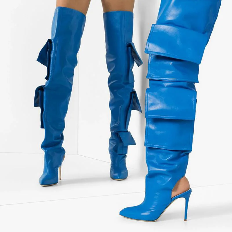 XINZI RAIN Customize Ladies Thigh High Boots Point Toe Blue Leather Thin Heel Women Over Knee Long Thigh High Boot Women