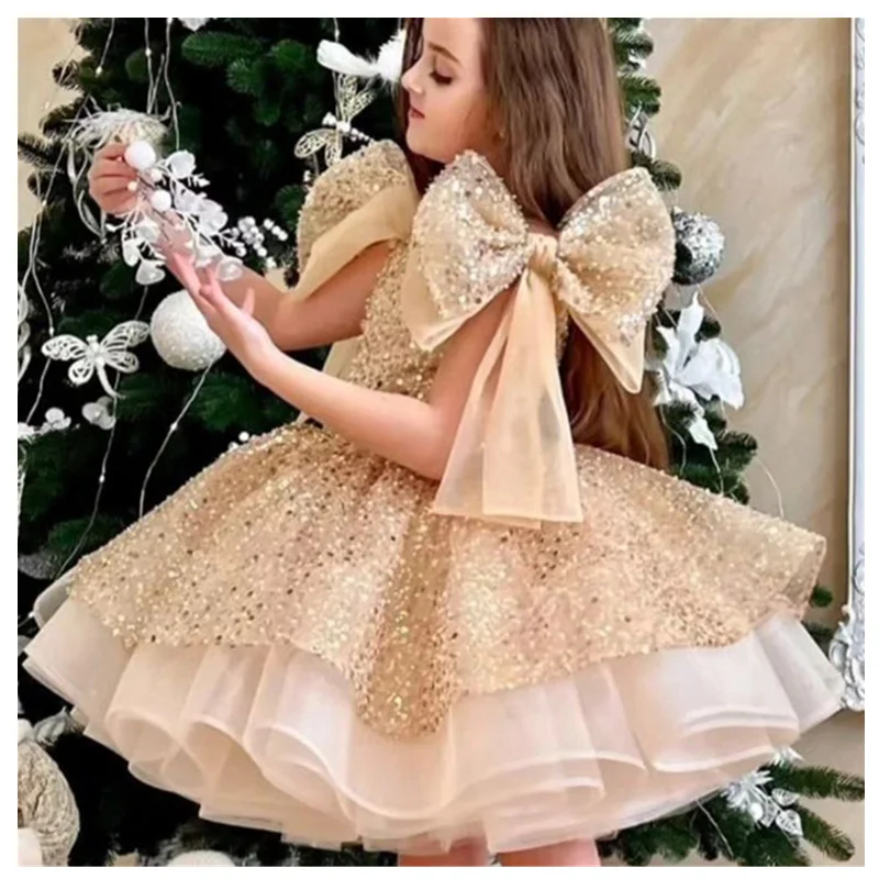 Children Party Dress Big Bow Shoulder Princess Sweet Sequin Puffy Prom Gown Baby Girls Piano Perform Formal Evening Dresses