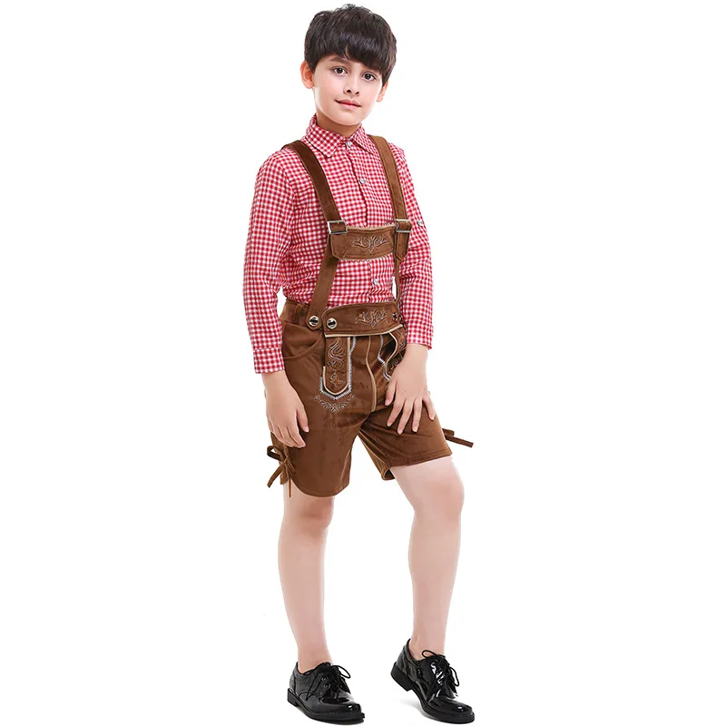 Germany Oktoberfest Costume for Kids Boys Plaid Shirt Suspender Shorts Bavarian Festival Party Games Clothes Carnival Costumes