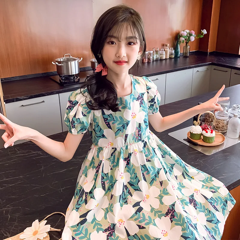 2022 Summer New Design Kids Girls Dress 4-9 Year old Short Sleeve Girl Dress with Free Flower Bag