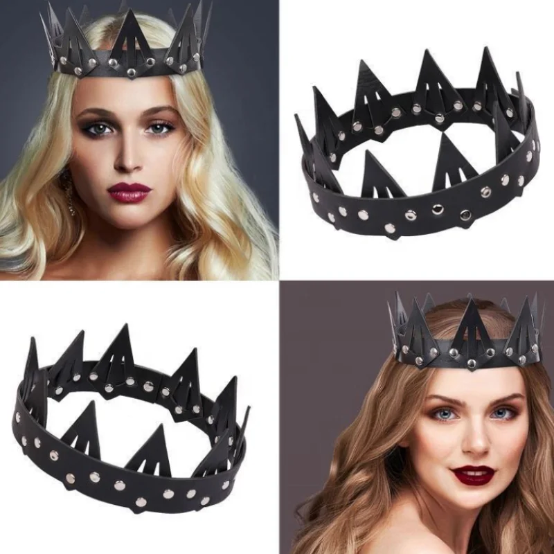 Cosplay Costume Unique Queen Crown Distinctive Faux Leather Black Tiara for Masquerade Formal Party Style Headband