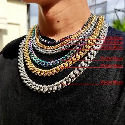 Wholesale Custom 6-16mm PVD color high quality Hip Hop Cuban Curb Link Men Miami 18k Gold Chain Necklace
