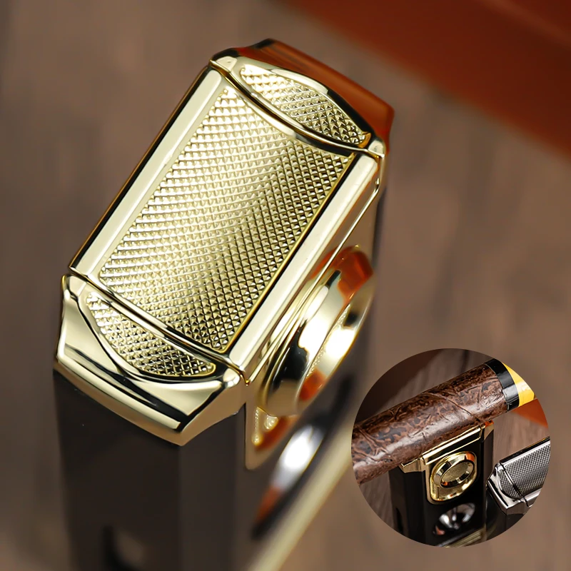 Refillable Windproof Luxury 3 Blue Flame Custom Logo Zinc Alloy Cigar Lighter With V Cutter Gift Box Cigar Accessories