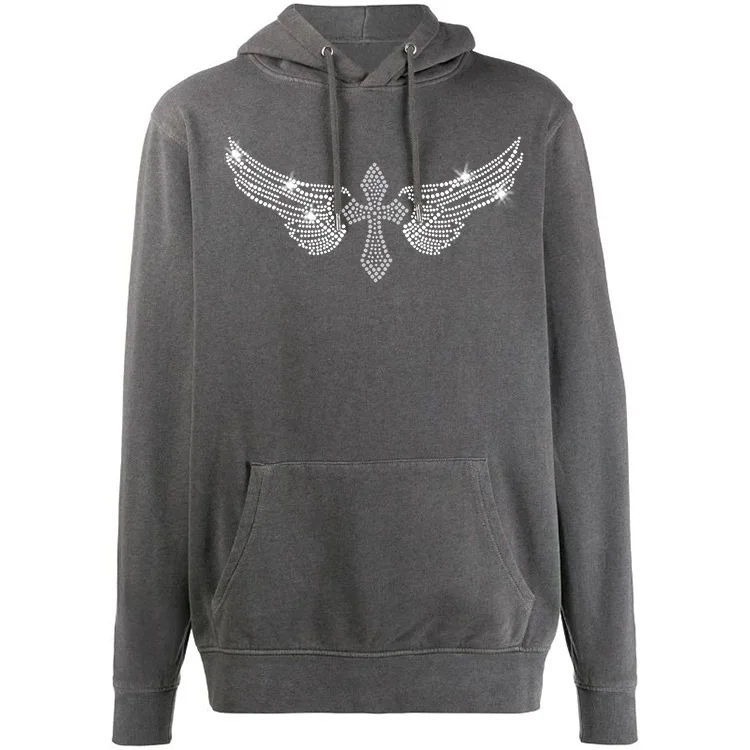 Custom streetwear fleece pullover vintage washed skull rhinestone heat transfer hoodie sweatshirt custom rhinestone clothing