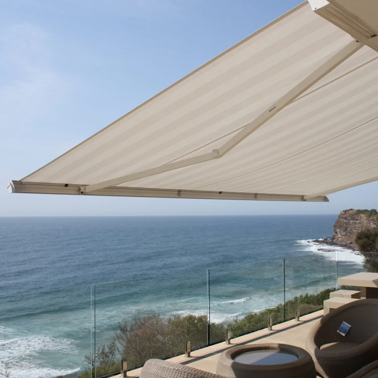 220V Electric Retractable Sunshade Canopy Aluminum Alloy Deck Awning with Side Wall Railing Acrylic Sail Material Big Awning