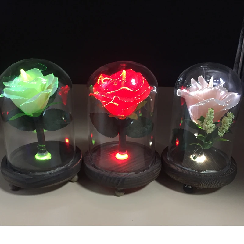 Wholesales Valentine Gift Fiber Optic Led Artificial Red Rose with Glass Dome indoor decoration