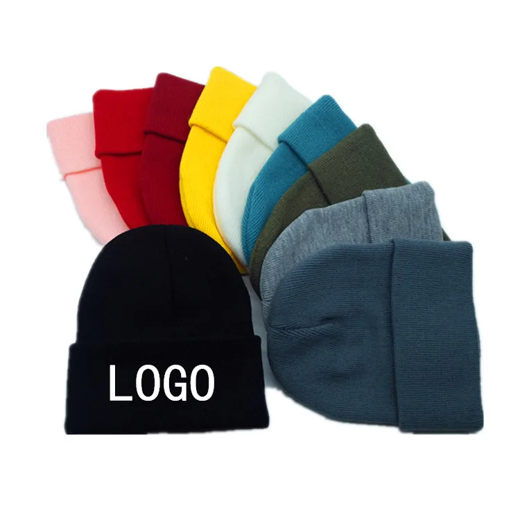 Rolled Edge Cold Hat Custom Beanies Embroidery Logo Solid Color Beanie Woolen Hat Pullover knitted Hats