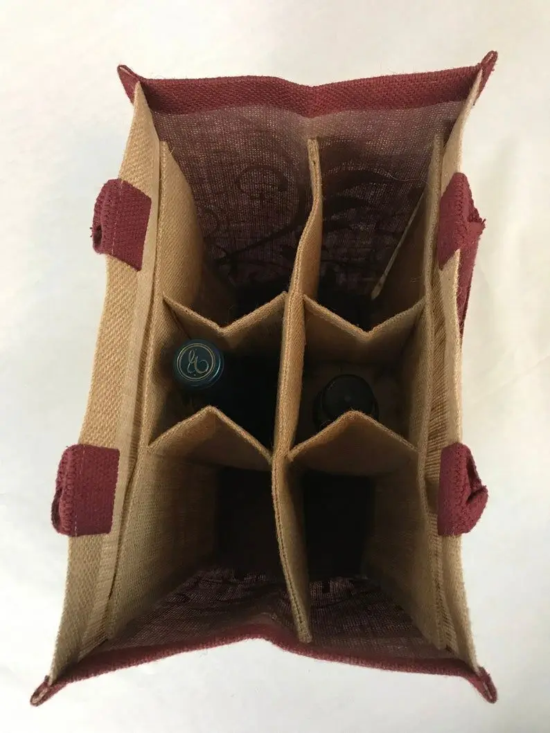 Reusable Jute Wine Carrier Natural Jute Burlap 6 Bottle Wine Tote Bag
