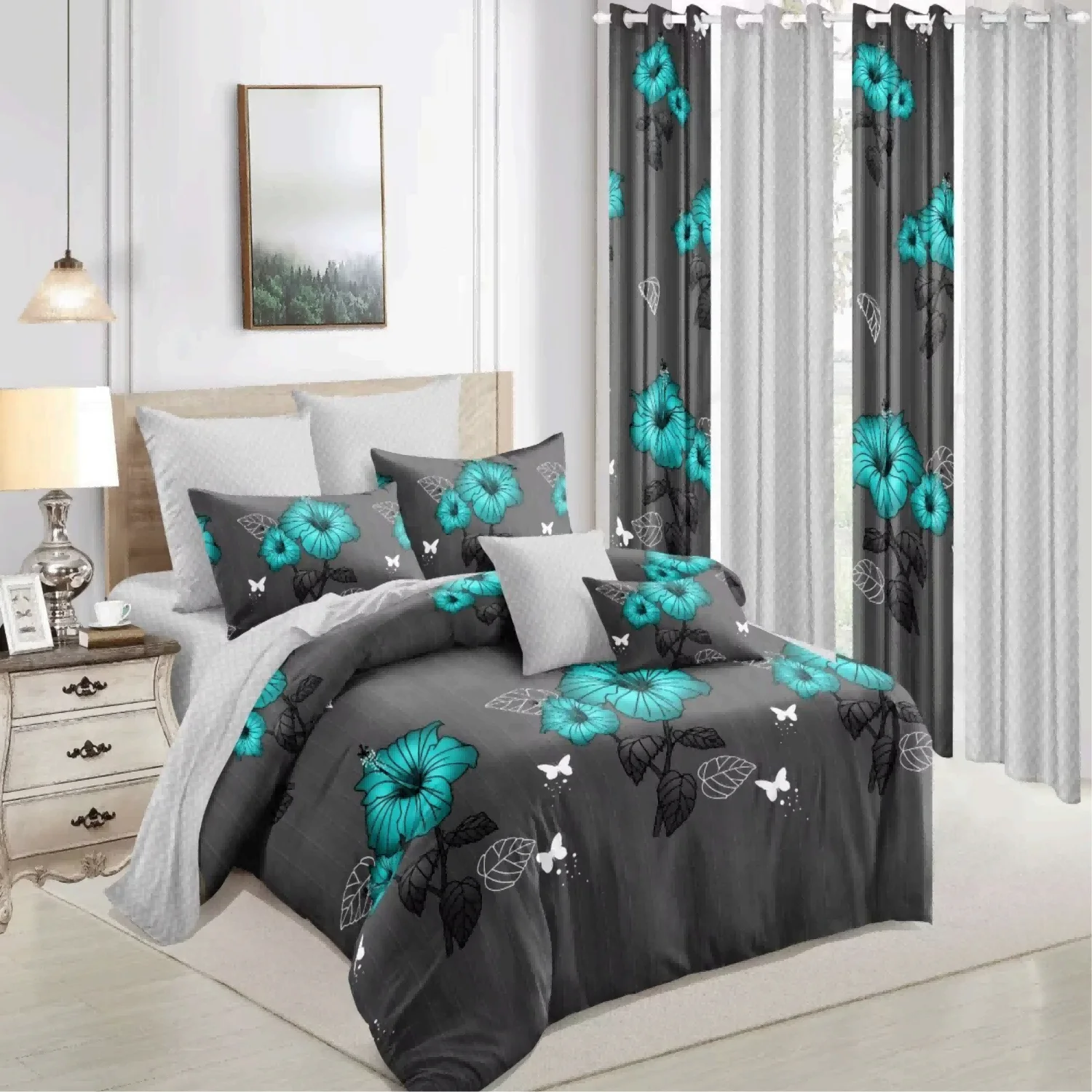 Microfiber Printed 11pcs Bedroom Bed Duvet Cover Bed Sheet Curtain Bedding Sets with Matching Curtains