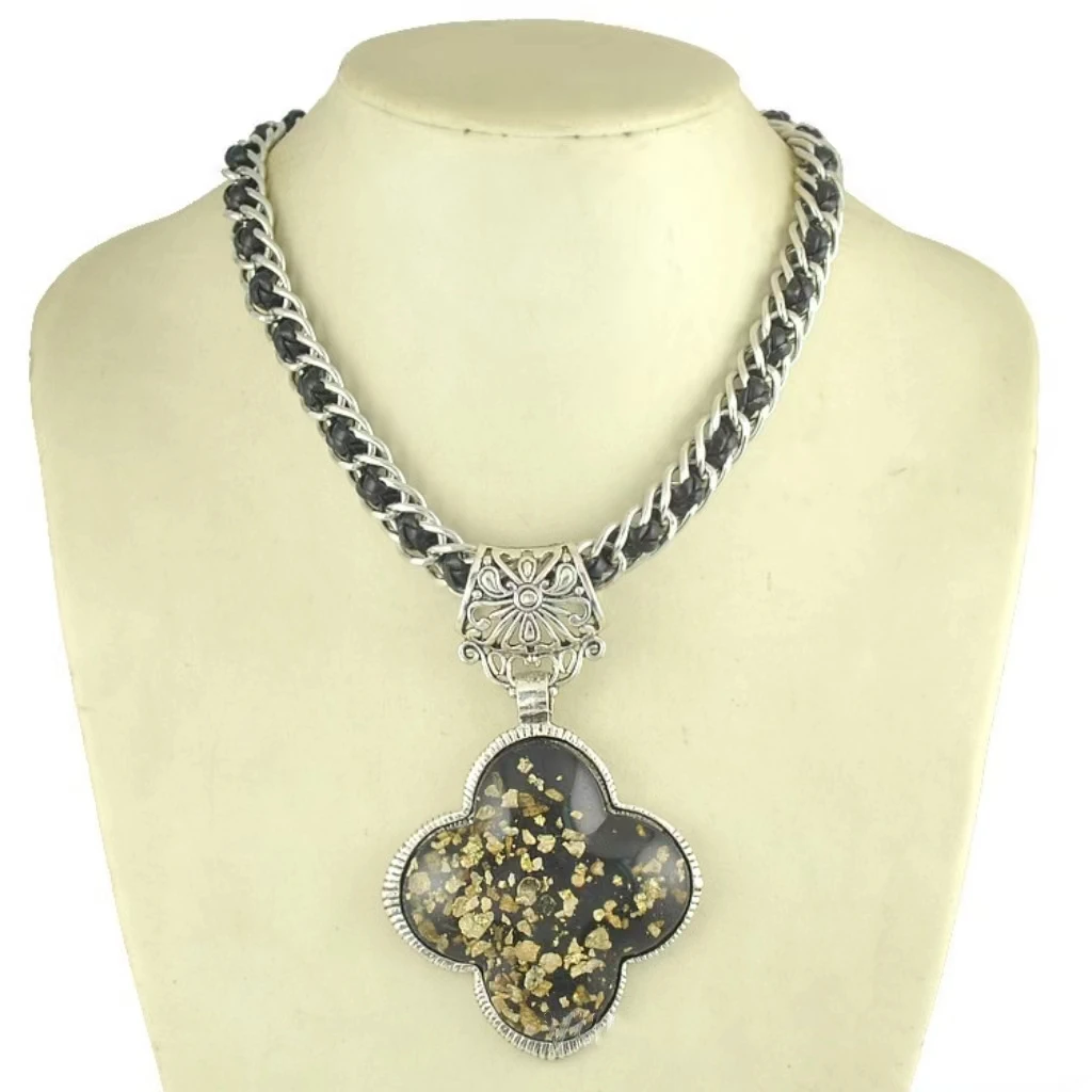 European and American exaggerated retro necklace women lucky grass big black gem pendant braided leather rope thick chain