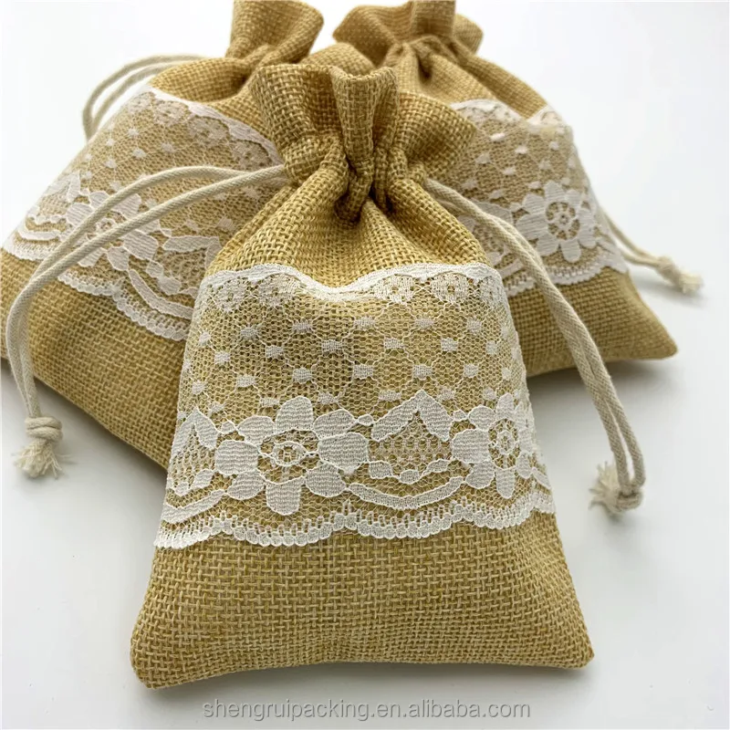 Weddings Receptions Jute Burlap Sack Favor Bag 4'x 6' Natural Jute Bags With Lace