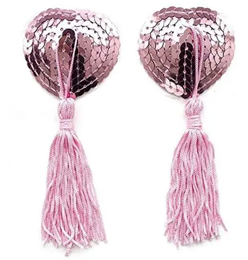 Women Reusable Attractive Black Red White Heart shape Sequin Nipple cover with Tassel Sexy Nipple pasties