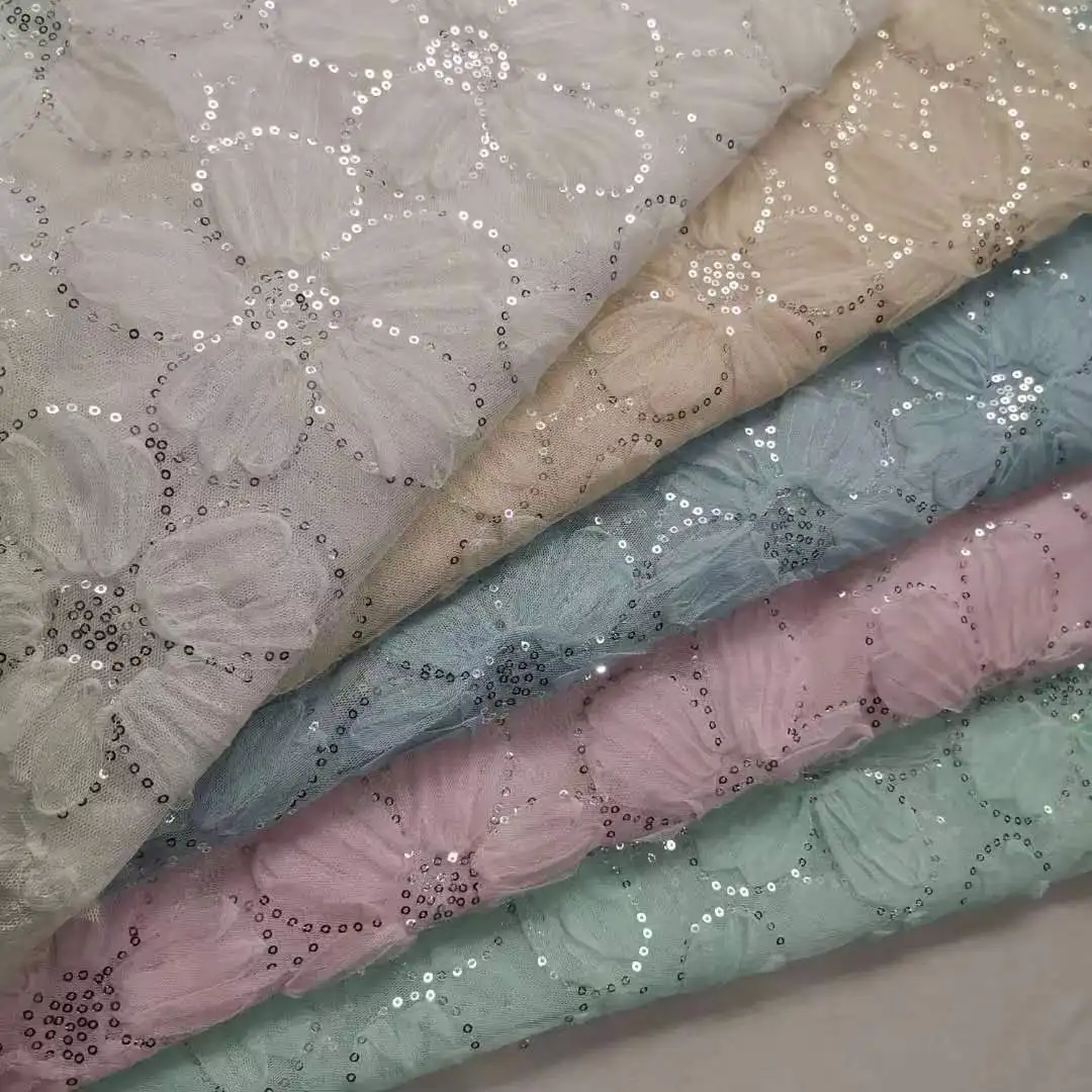 Hot selling multi-color mesh 3 d sunflower hook embroidery sequin wedding dress fabric MF116