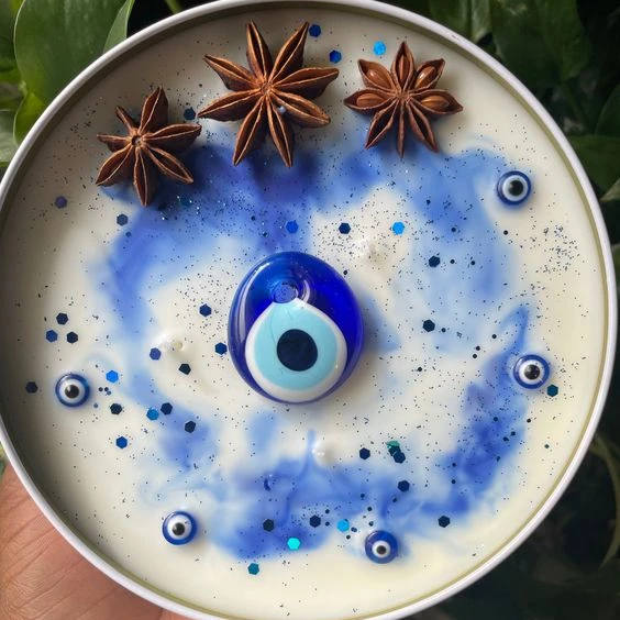 China Suppliers New Handmade Organic Tin Scented Spiritual Colorful Evil Eye Soy Wax Relax Meditation Prayer Candle