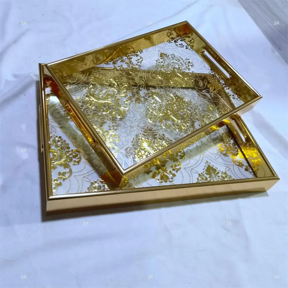 Luxury gold leaves unique design set of 2  matching glass home decorative tray serving tray