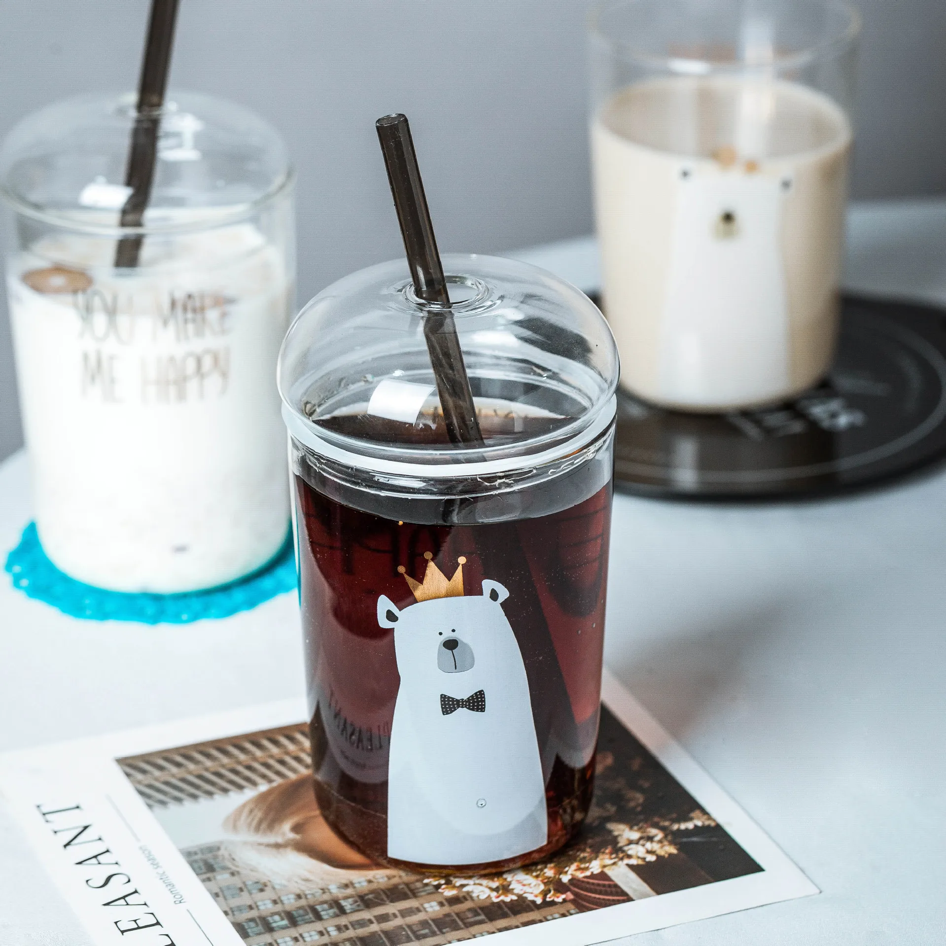 16oz High Borosilicate clear Glass can Cup with glass lids Transparent Coffee Cola Milk Breakfast Glass Juice  Mug with straws