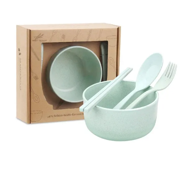 Wholesale Eco Healthy BPA-free Kids Wheat Straw 6pcs Chopstick Fork Spoon Bowl Cup Plate Dinnerware Tableware Set