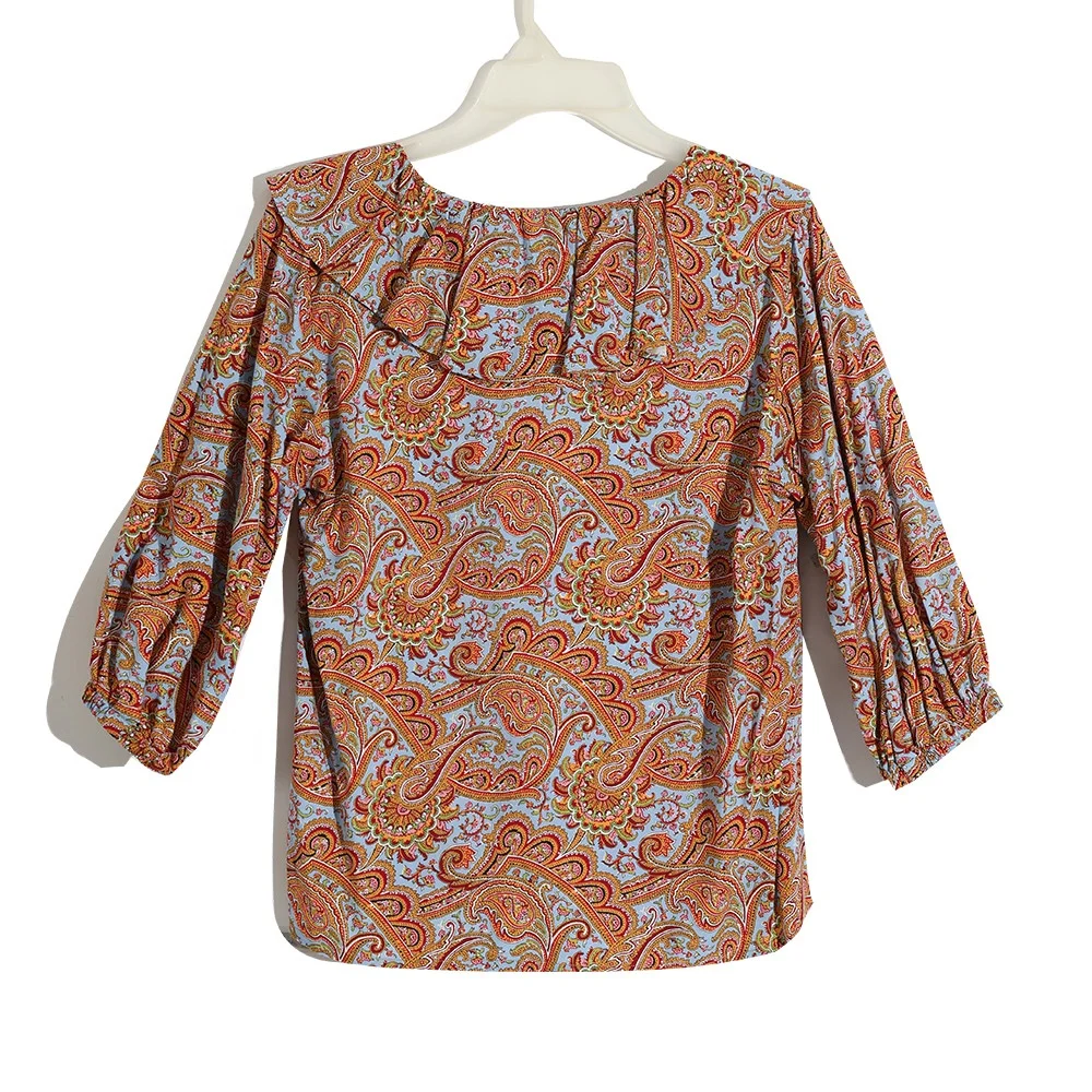 
New fashion half sleeve elegant vintage latest paisley printed design ruffled neck ladies short blouse style shirt 
