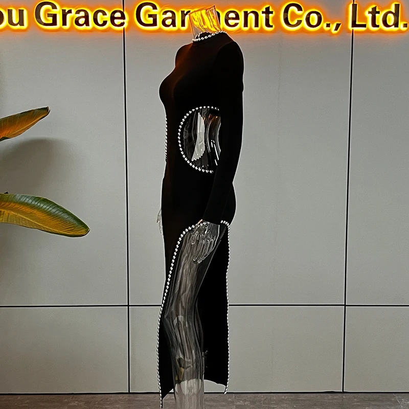 Elegant Front Slit Cutout Design Maxi Bodycon Black bead design evening Dress with Bead Decoration