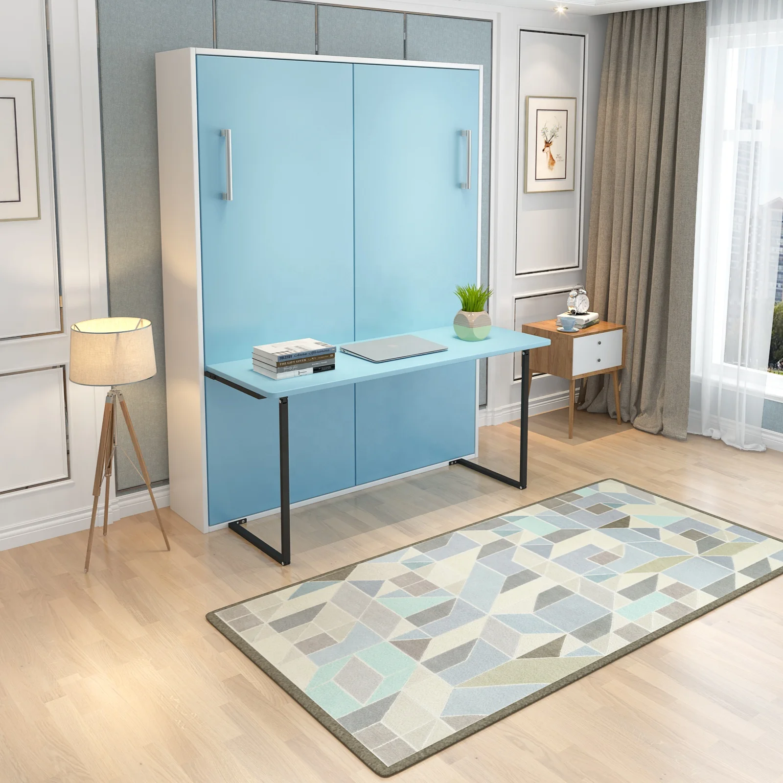 Smart Space Saving Furniture Queen Size Murphy Bed Hydraulic Piston System Vertical Tilting Folding Wall Bed with Desk