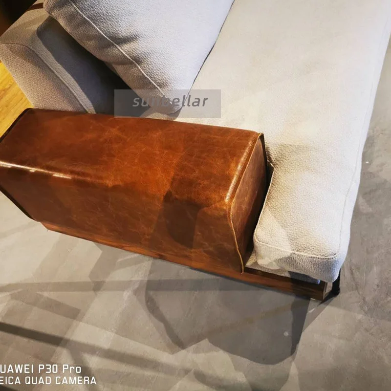 vintage fabric sofa genuine leather armrest wooden base with metal legs European style living room sofa white cotton linen