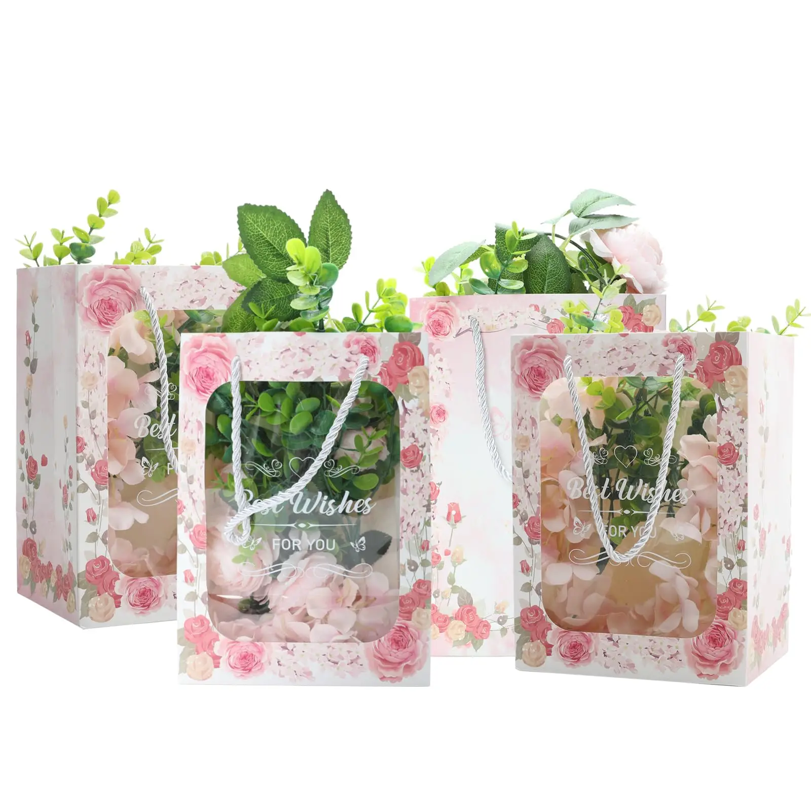 Wholesale clear window waterproof flower collection decoration bouquet coated square bottom paper bag with handle for present
