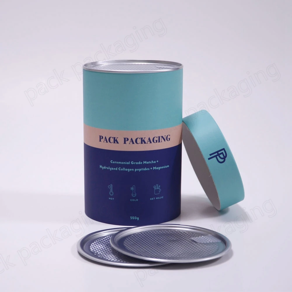custom print empty Collagen powder container paper tube packaging with metal lid metal caps