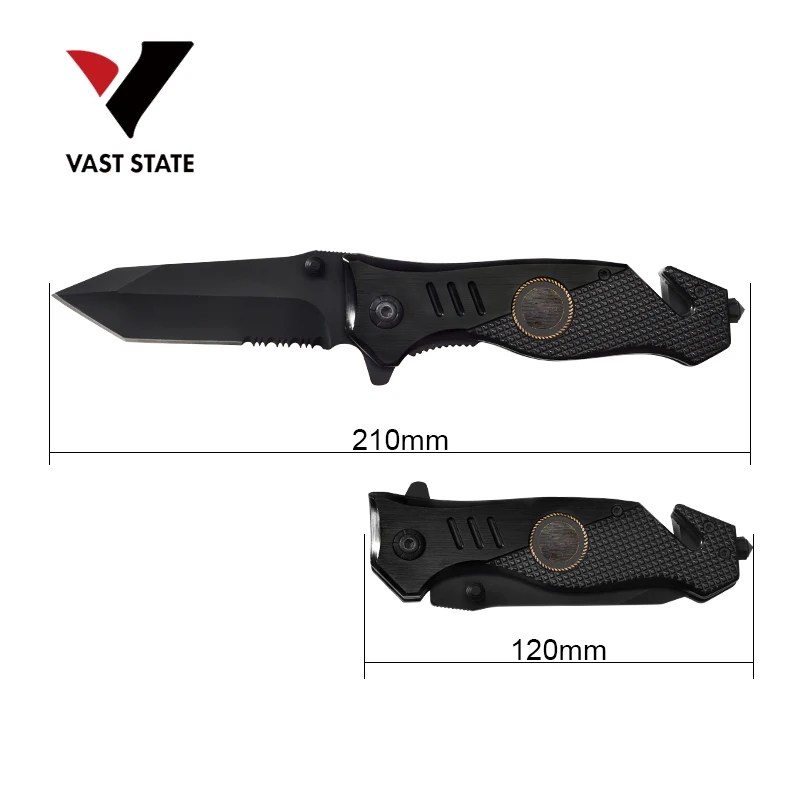 
Wholesale OEM Custom Logo Printed Engraved Outdoor Survival Rescue Stainless Steel Folding Pocket Knife with Seatbelt Cutter 