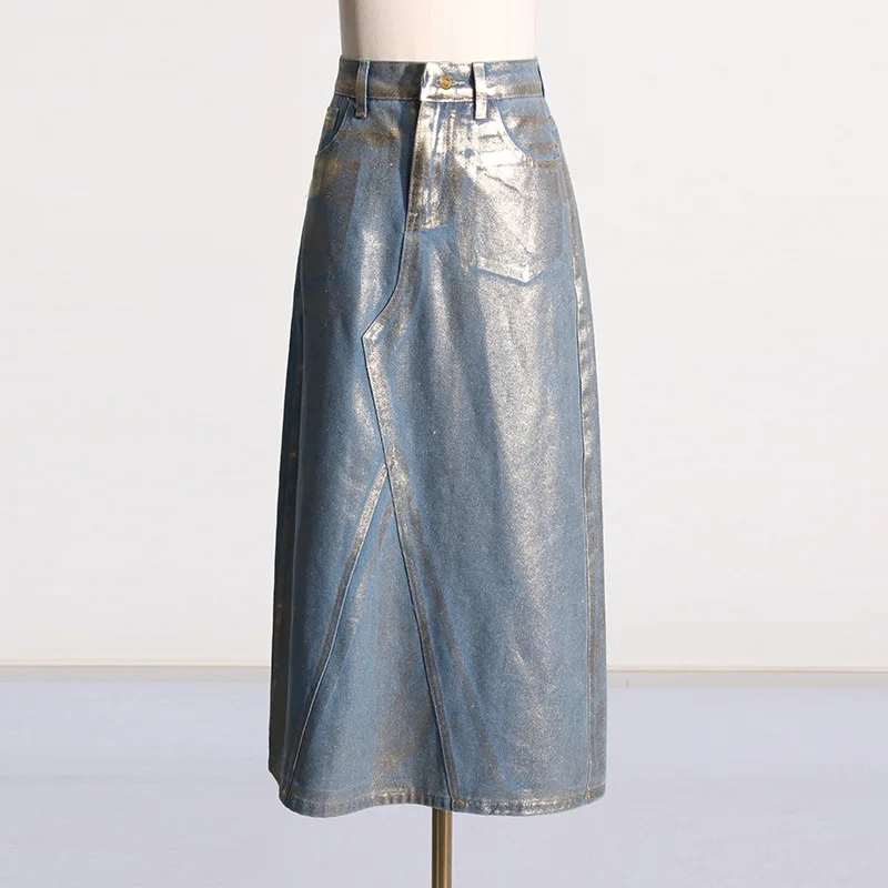 High street casual gold stamping denim skirt long jeans skirts for women