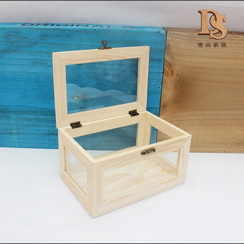 Transparent Glass Lid   Wooden  Window    Box   Natural Hinged Trinket gift   Wooden Shadow Box