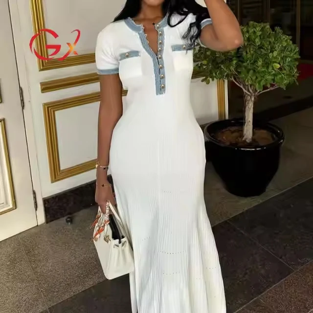 GX0106A Good Quality Summer New Sexy A-line Design Dress O-Neck Short Sleeve Slim Fit Party Knitted Evening Dresses