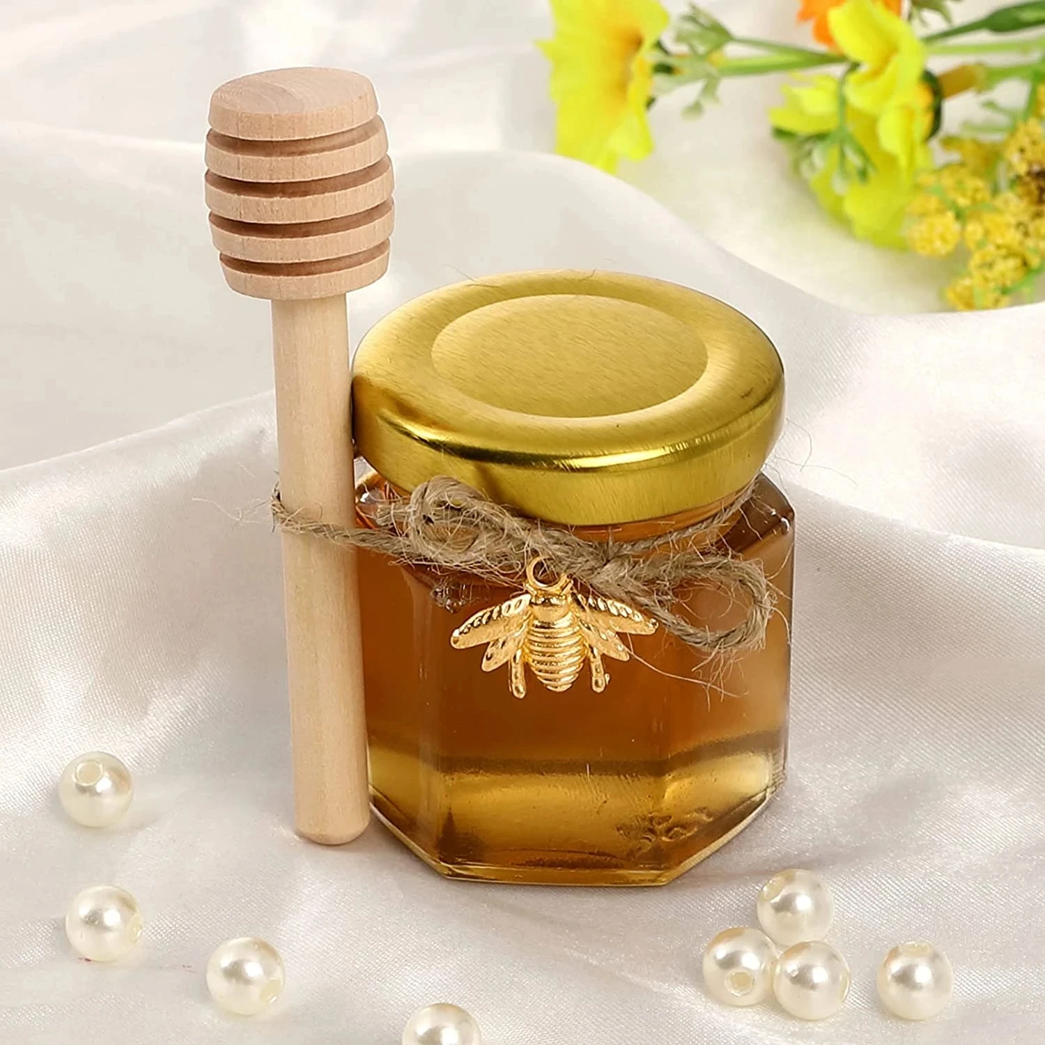 High quality 45ml Mini Hexagon Honey Jar With Gold Lid for Gifts Wedding Favors Honey Jams Jelly Candy