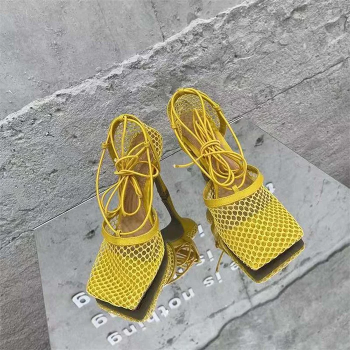 Designer  hight heel for lady square toe lace up heels black mesh sandals rope low heel slipper for women summer