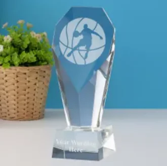 Noble Wholesale Cheap Exalted Sapphire Custom Personalized Bespoke Logo Business Gift Basketball Crystal Glass Trophy Award