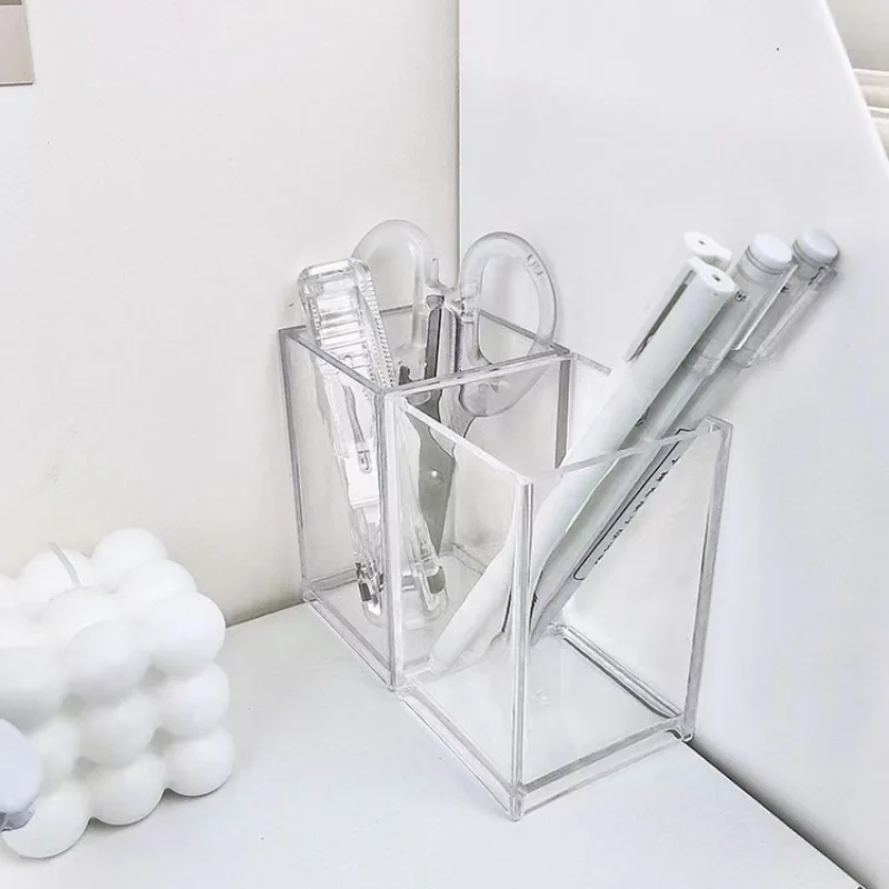 Clear Acrylic Pencil Pen Holder Cup Desk Accessories Makeup Storage Organizer Modern Desktop Stationery for Office School Home