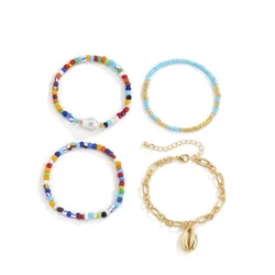 Dropshipping Designer Charms Woven Bracelet Women Rainbow Seed Bead Pearl Gold Shell Dangle Bracelet Set