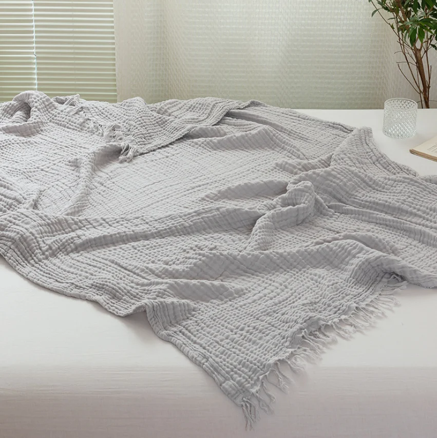 Soft Thick Reversible  100%  Cotton  gauze  4-Layers Fringed  wrinkle Muslin Throw Blanket For Adult or Kids