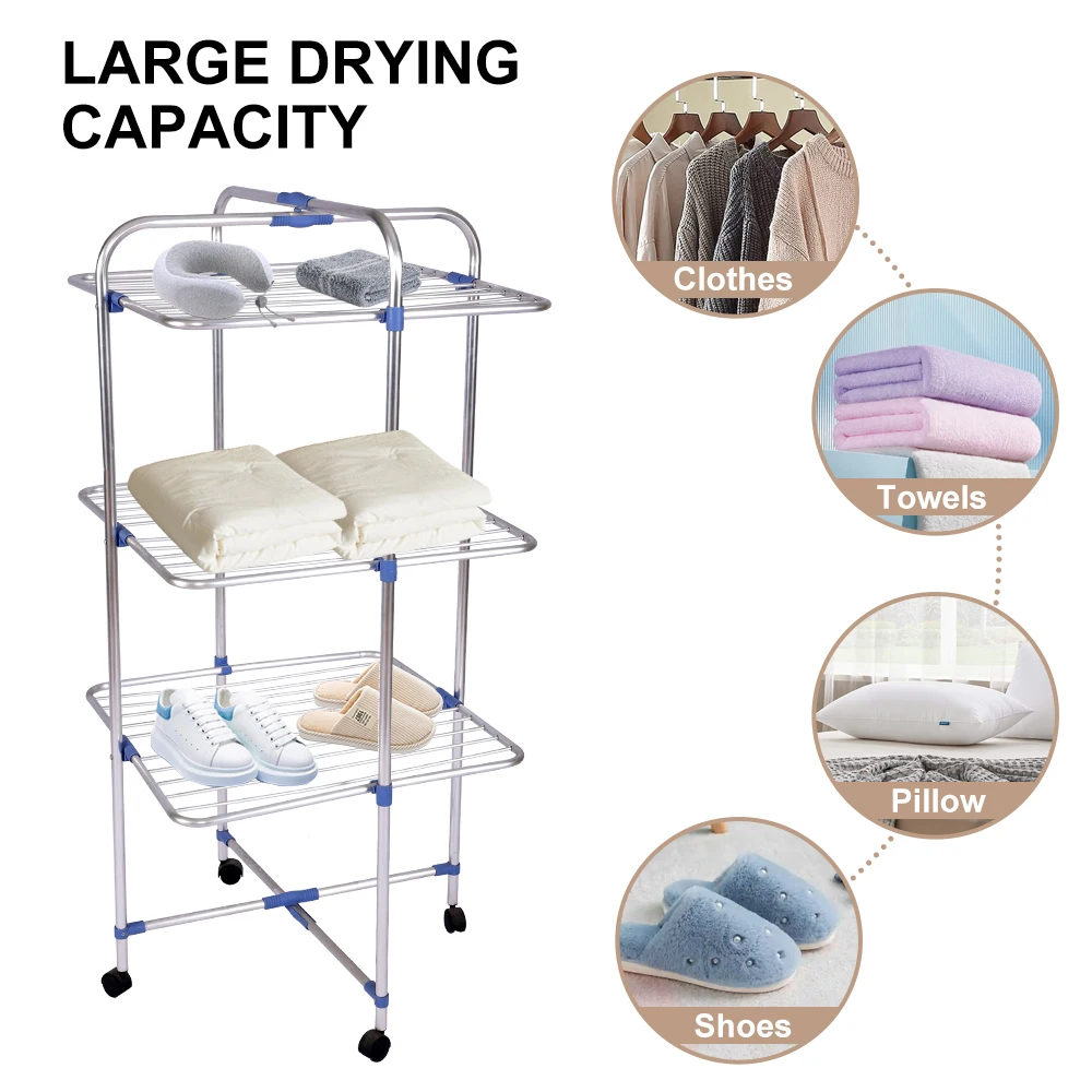 3 Tier Aluminum Cloth Drying Stand Folding Clothes Drying Rack Clothing Rack Tower Dry With Wheel