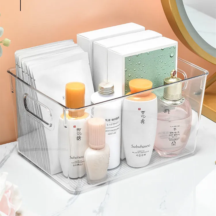 Factory Wholesale Plastic Transparent Cosmetic Storage Box Strong Grocery Storage Bin With Handle