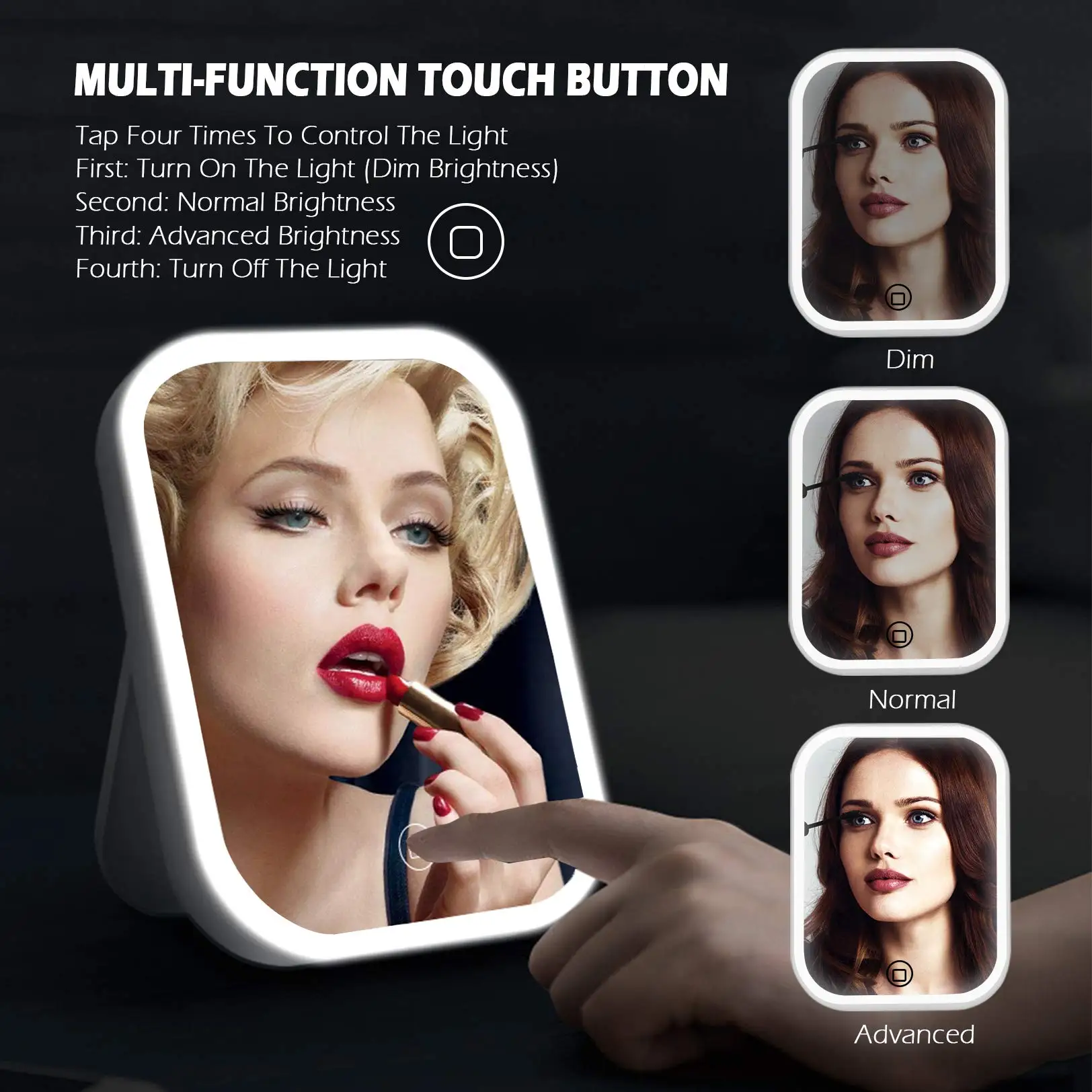 Rechargeable Lighted Vanity Mirror, Dimmable Table Countertop Cosmetic Travel Mirror with Touch Screen Switch
