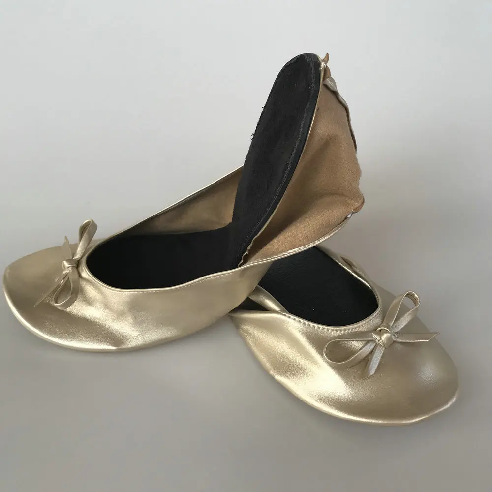 Hot Selling popular women champaign gold folding ballerina flats after party shoes in bags